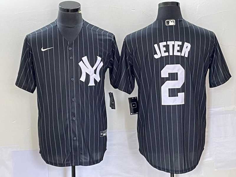 Men%27s New York Yankees #2 Derek Jeter Black Pinstripe Cool Base Stitched Baseball Jersey